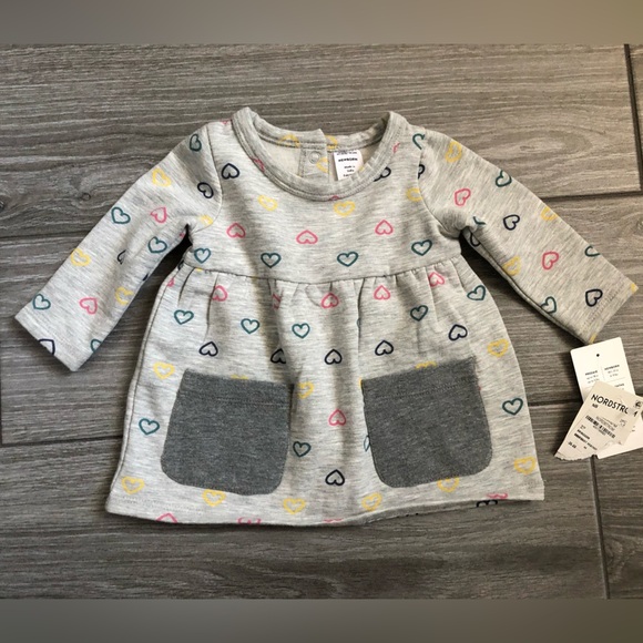 Nordstrom|Baby girl gray heart print long sleeve tunic dress w pockets•••NWT - Picture 1 of 6